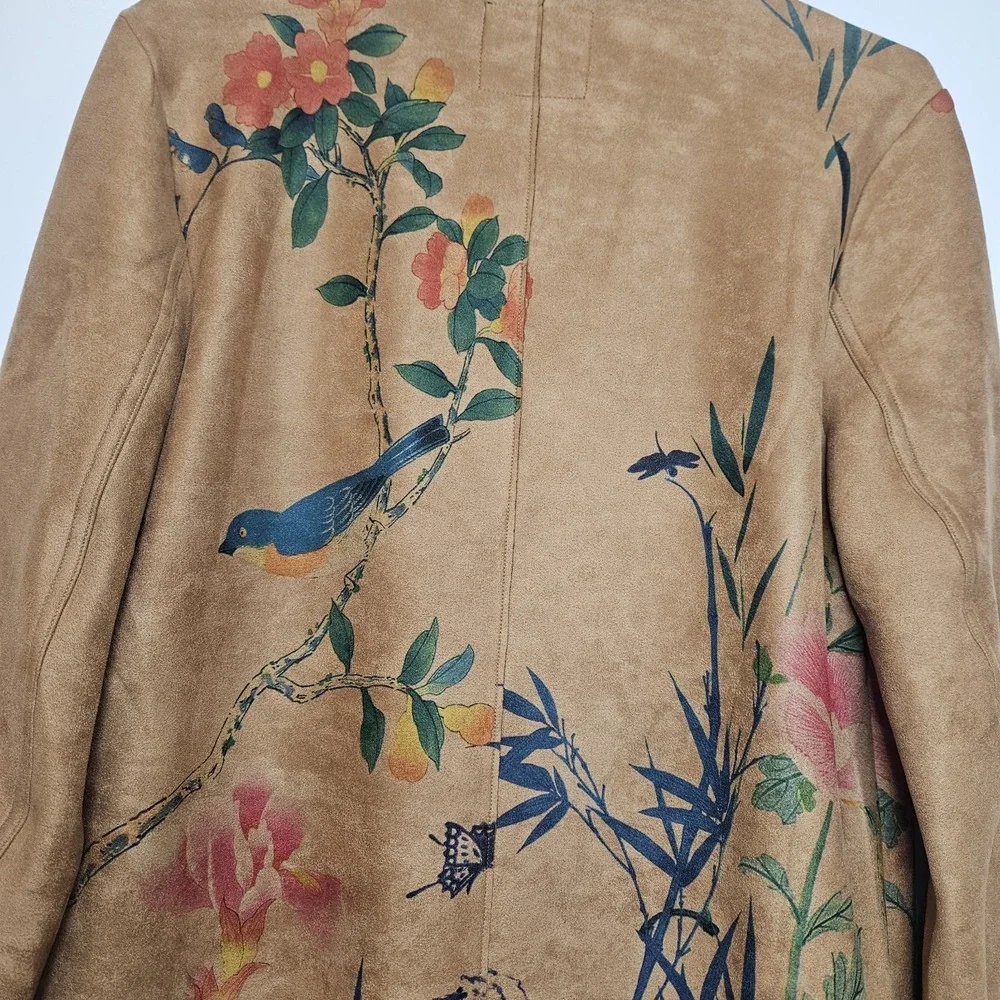 NWT Beulah Style Mid Length Faux Suede Blazer Painted Nature Botanical Size Med